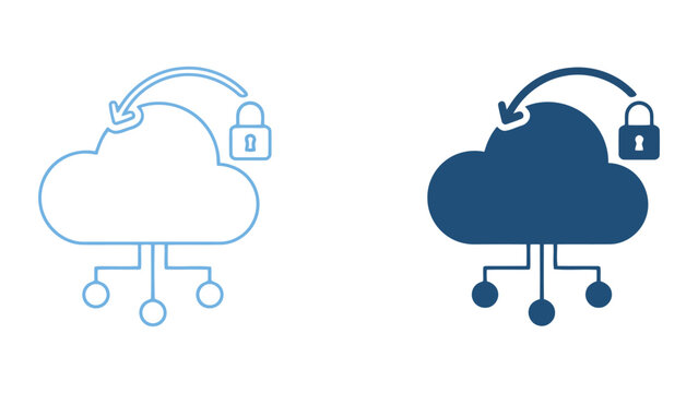 Cloud computing security icon set featuring encrypted data storage with padlock symbol in minimalist outline and solid flat design styles for cybersecurity and cloud protection concepts