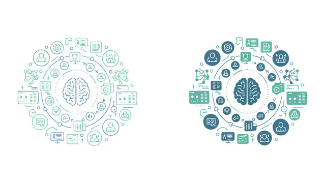 Artificial intelligence and human brain technology concept icons arranged in circular pattern for machine learning and deep learning processes
