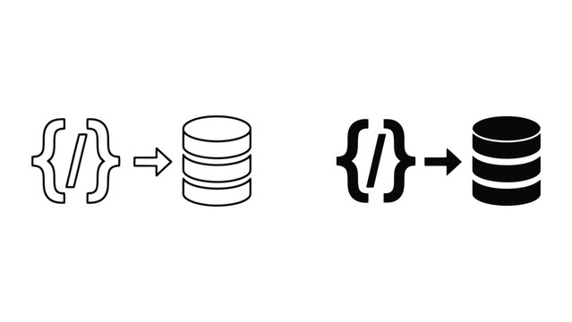Code to database migration icon showing programming brackets pointing to a server stack in outline and solid vector styles for data management and software engineering concepts on white background