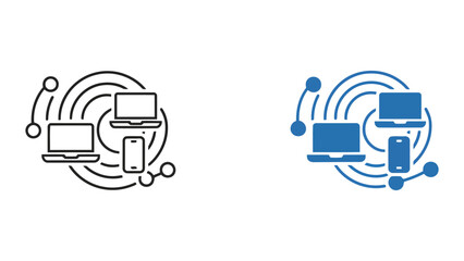 Connected devices network icon set featuring laptop smartphone and tablet in a circular data flow connection design © AHMED