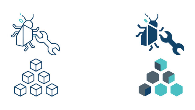 Technical support and data structure icons with bug repair and block organization in linear and solid styles for software development and debugging