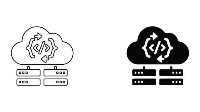 Cloud server code development and backend programming infrastructure icon set featuring brackets symbol inside cloud with server racks for software deployment and cloud architecture visualization