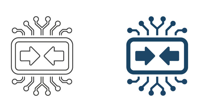 Data compression icon with opposing arrows and circuit board lines for file size reduction technology