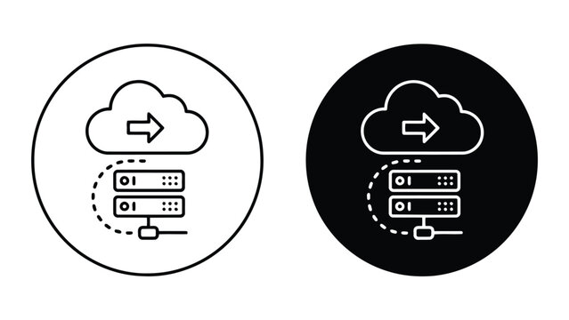 Cloud data server upload icon set featuring flat vector design style for web development and information technology infrastructure storage concepts displayed in circular black and white outline format