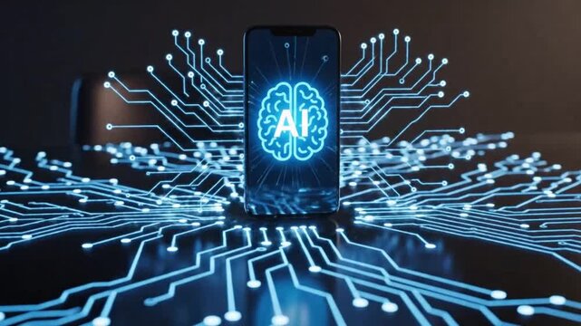Smartphone with AI brain and circuit design emphasizing network speed and cloud computing