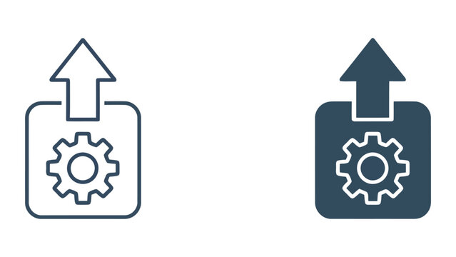 Data upload process icon with mechanical gear and upward arrow representing file transfer optimization and automated system updates for efficient data management and software deployment workflows