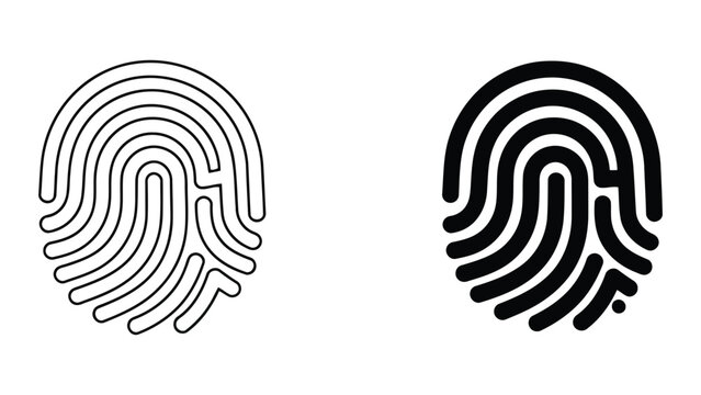 Unique human fingerprint ridge pattern icon set in linear and solid black styles for biometric identification and security authentication technology concepts