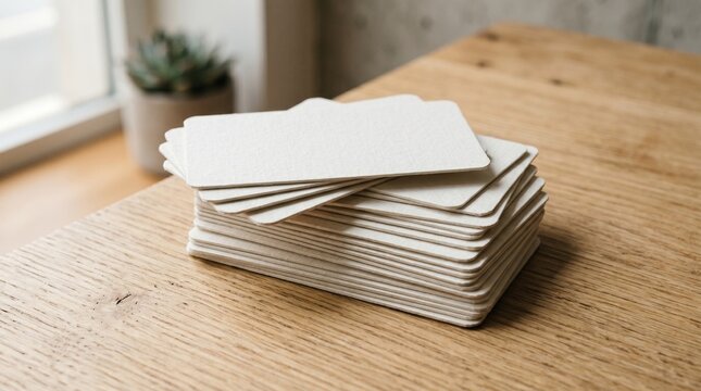 Stack of Blank Cream Rounded Corner Business Cards Mockup on Light Oak Wooden Table with Natural Window Light and Succulent Plant Background