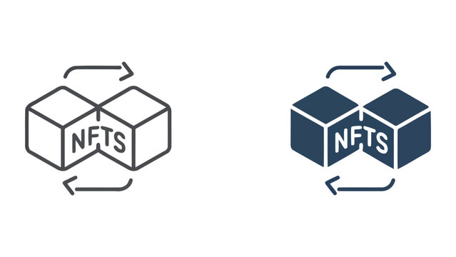 NFT digital cube icon with rotating arrows for blockchain technology and cryptocurrency asset management