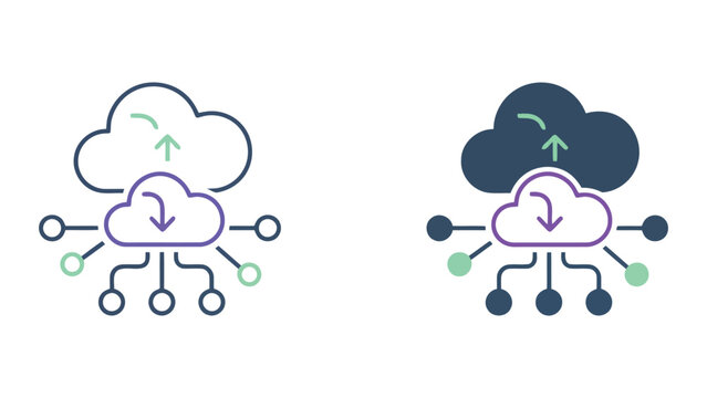 Cloud computing data migration and synchronization icon with layered cloud storage and network nodes for digital transformation concept vector graphic