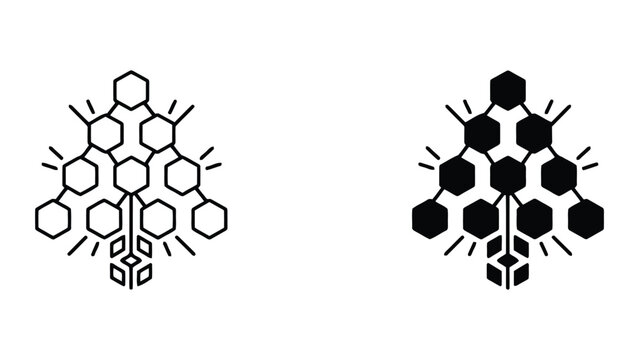 Blockchain network and node structure vector icons with hexagonal connections and cube elements in linear and solid styles for distributed ledger technology and data architecture
