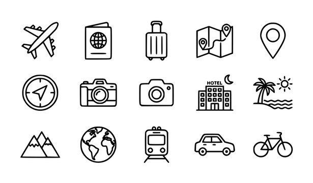 Travel and adventure icon set &ndash; airplane, camera and destination symbols vector