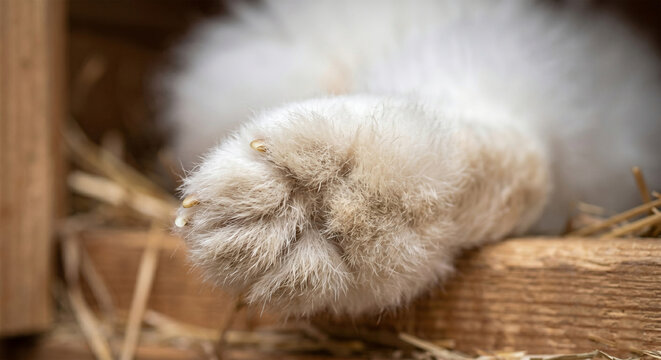 An extreme macro photograph focusing on the underside of a rabbit's hind paw, showing the thick, protective fur pads rather than leathery skin. 