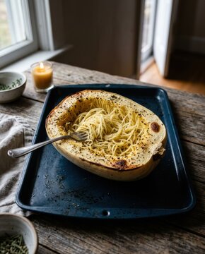 Roasted spaghetti squash being flaked with a fork on a dark baking sheet in a rustic home kitchen for healthy eating, autumn recipes and low carb food