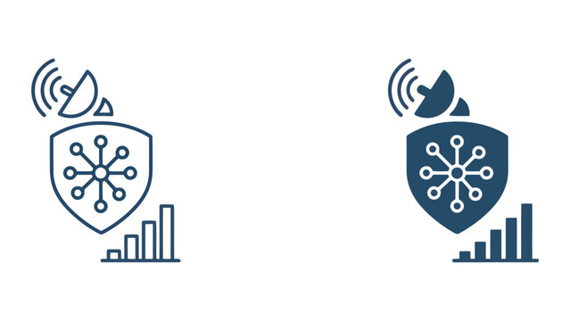 Shield icon with central network node and signal transmission satellite dish graphic for secure wireless communication and data protection