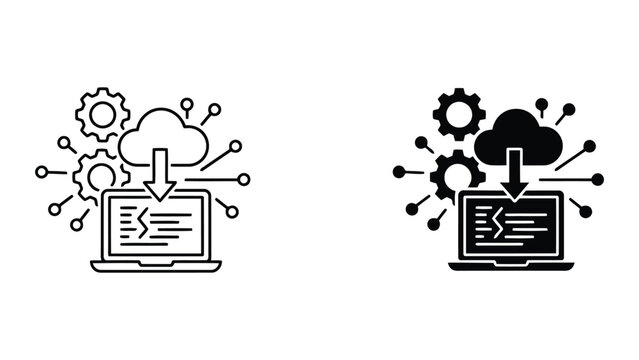 Laptop computer with cloud download arrow and surrounding processing gears for software deployment and cloud computing infrastructure