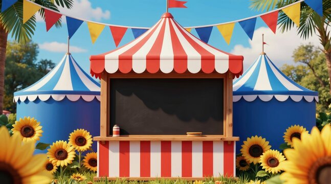 Red white striped food stand with blank chalkboard menu near blue circus tent. Sunflowers grow in grass under colorful bunting flags and sunny sky. Festive outdoor fair.