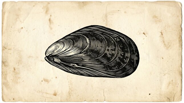 Detailed illustration of a single dark mussel shell on a textured vintage paper background