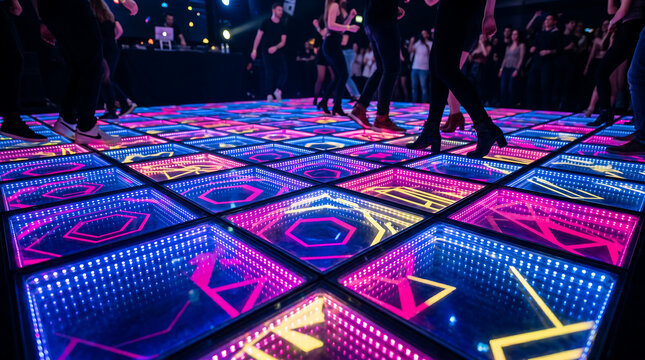 Low Angle View of Glowing Colorful LED Dancefloor in Modern Nightclub or Event Venue