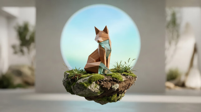 Geometric wooden fox sculpture sitting on a floating mossy rock island in a bright minimalist room with a circular window