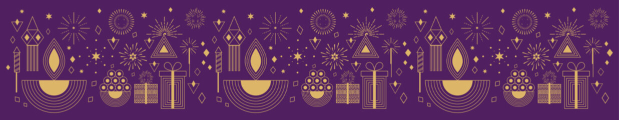 Fototapeta premium Diwali festival seamless pattern with diya, fireworks, gifts and traditional indian decorative elements in purple and gold vector