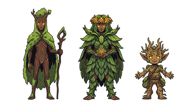 Fantasy Forest Spirits Character Set: Mystical Woodland Beings, Tree Creatures & Nature Guardians Illustration