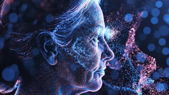 Digital portrait of a womans face emphasizing fluid motion and vibrant color palettes