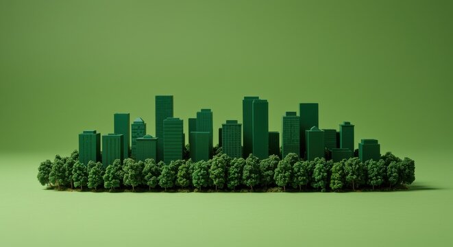 Miniature green city skyline model rising from a dense forest for sustainable urban development concepts, environmental planning and ecological net zero advertising