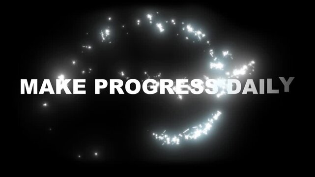 &ldquo;MAKE PROGRESS DAILY&rdquo; bold white typography animation on black background, smooth cinematic motion, clean minimal motivational style, modern high contrast aesthetic, sharp text, subtle light glow, 8K,