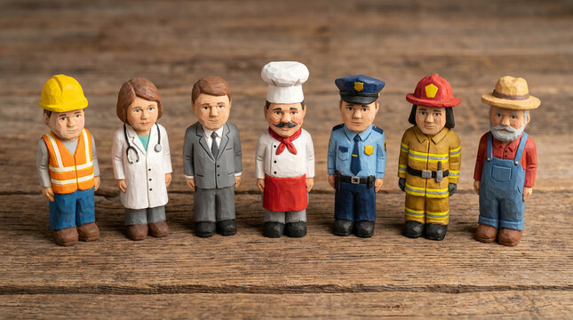 Wooden figurines of different professions, hand-carved painted dolls, standing in a row, rustic wood background, career concept
