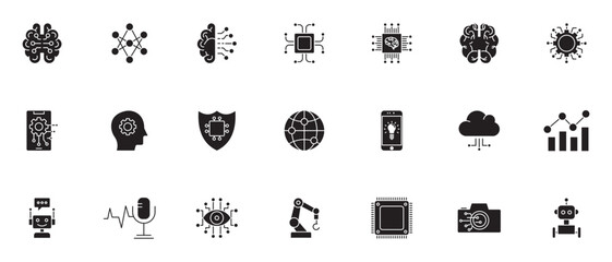 Artificial Intelligence Solid Icon Set Featuring AI Brain, Machine Learning, Robotics, Data Analytics and Digital Technology Symbols. © Agastya 897