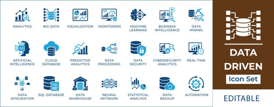 Data driven icon set featuring big data analytics, artificial intelligence AI, SQL database, machine learning, data mining, cloud storage, KPI dashboard, and neural network symbols.