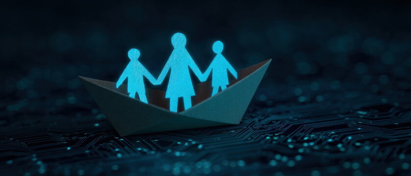 Paper family silhouettes inside paper boat on glowing digital circuit board background symbolizing family bonding emotional security and connected future technology
