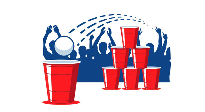 Party Game Beer Pong with Red Cups and Silhouetted Crowd