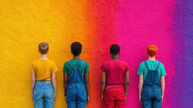 Diverse group of young people standing in row against vibrant rainbow colored concrete wall symbolizing inclusion friendship community support and modern family bonding