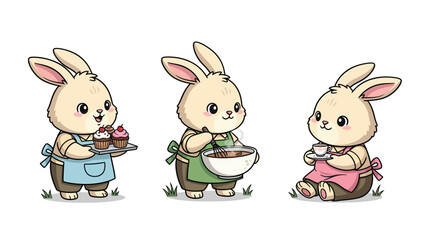 Fototapeta premium Cute Cartoon Bunnies Baking & Enjoying Sweet Treats: Cupcakes, Mixing Bowl, and Tea Time Illustration