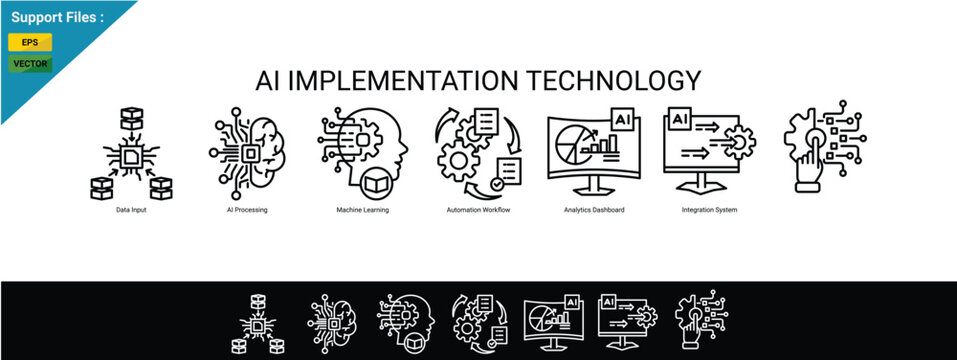 AI Implementation Technology Concept with Automation, Machine Learning and Digital Transformation Illustration. outline icon set. Black Background With White.