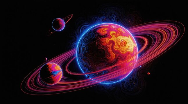 Stylized planets with glowing rings spin in dark cosmic void. Vibrant nebulae swirls and distant stars create abstract space fantasy. Celestial bodies in neon colors, outer space.