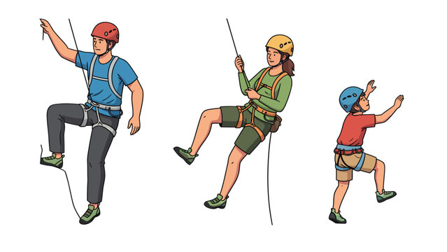 Outdoor adventure illustration: family rock climbing and rappelling with safety equipment