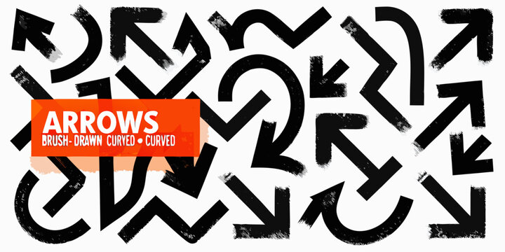 Brush drawn arrows collection thick black lines curved and straight shapes on white background