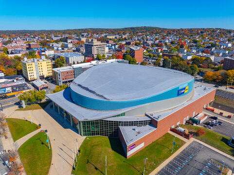 SNHU Arena aerial view at 555 Elm Street in downtown Manchester, New Hampshire NH, USA. 