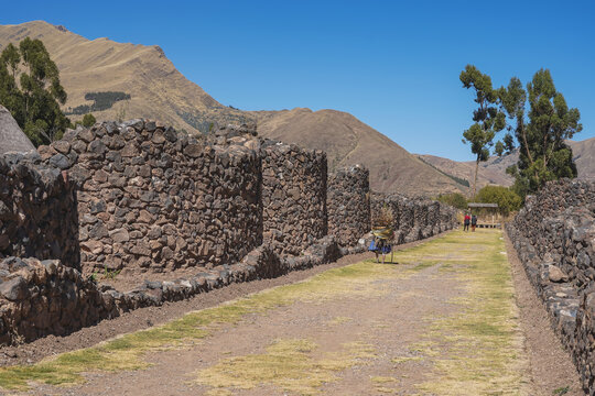 Ancient Inca architecture. The ruins of the Wiracocha Raqchi Temple. A row of round qullqas warehouses along the road.An old woman walks on the path with an armful of brushwood on her back and a cane
