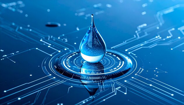 Futuristic water droplet on digital circuit, symbolizing smart water technology and data-driven resource management.