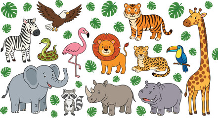 Fototapeta premium Comprehensive Safari and Jungle Animal Vector Set Featuring Lion, Tiger, Elephant, Giraffe, Zebra, Rhino, and Hippo with Tropical Leaves for Children's Educational and Creative Projects