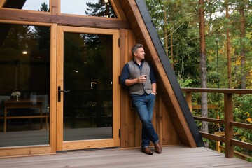 Naklejka premium Man on forest chalet terrace with drink. Middle-aged male relaxes by wood cabin, enjoying autumn scenery. Confident person contemplates nature, holds beverage, looks out.
