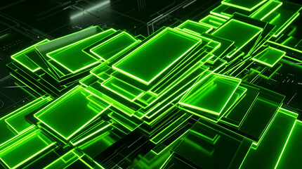 Fototapeta premium Intricate digital pattern of glowing neon green geometric shapes and circuitry creating a futuristic abstract technological landscape perfect for digital art and science concepts