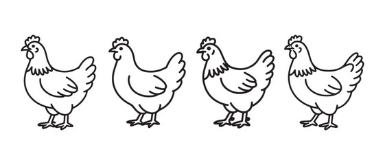 Fototapeta premium Cartoon chickens standing in a row on white background.