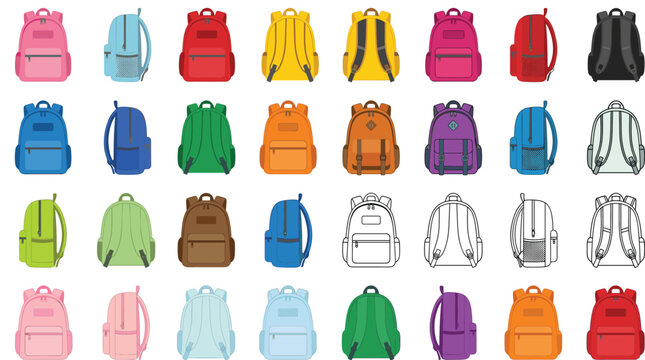 Comprehensive Set of Colorful School Backpack Vectors Showing Different Angles and Styles for Education Travel Back to School Marketing and Web Application Icons