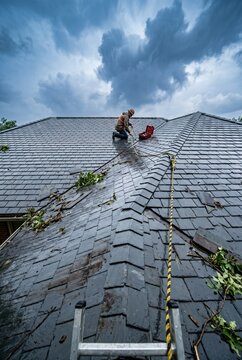 Wet residential building rooftop with shingles and inspection activities for emergency storm assessment, roofing services and property insurance claims background