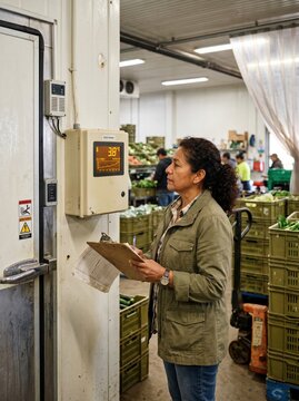 Mature woman checking temperature control panel in food warehouse for cold storage management, supply chain logistics and agricultural food safety quality control